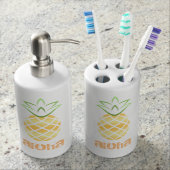 Aloha Pineapple Bathroom Counter Set, hawaii Soap Dispenser & Toothbrush Holder (Front)