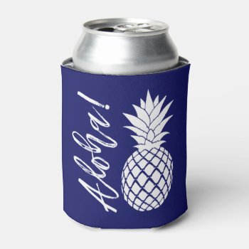 Aloha Pineapple Beach Party Luau | Navy White Can Cooler by glamprettyweddings at Zazzle