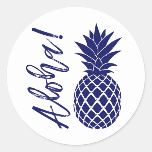 Aloha Pineapple Beach Wedding Luau  navy white Classic Round Sticker