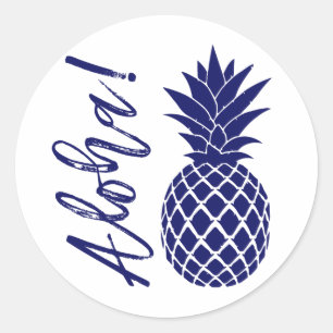 Aloha Pineapple Beach Wedding Luau   navy white Classic Round Sticker