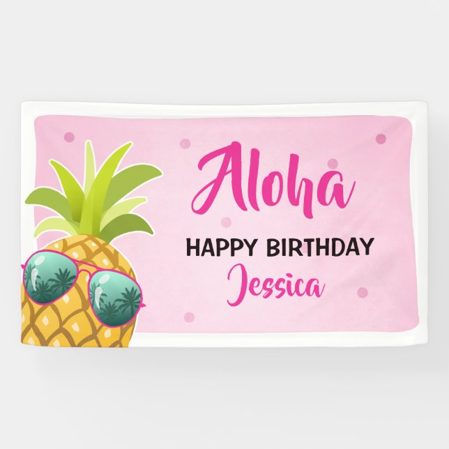 Aloha Pineapple birthday banner Tropical Luau Pink (Horizontal)