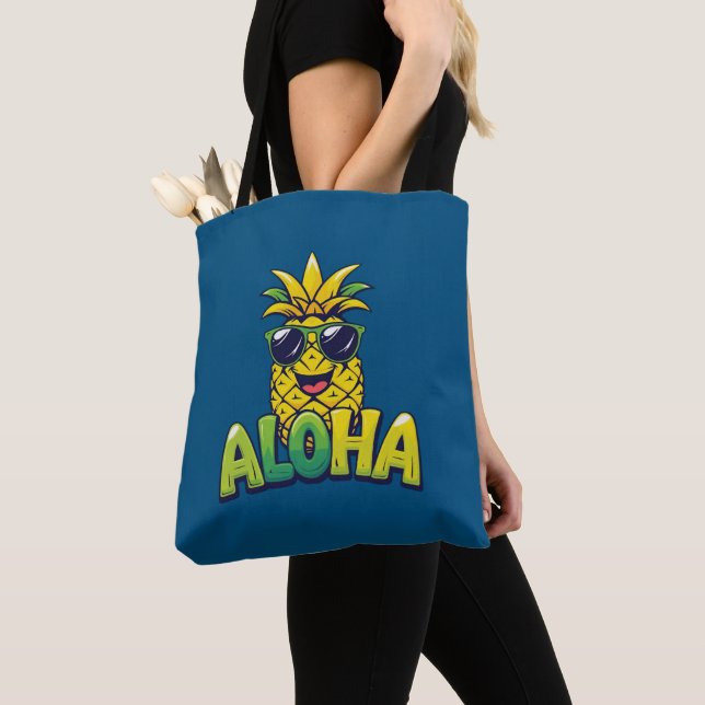 Aloha Pineapple Collection Teal Shoulder Tote Bag (Close Up)