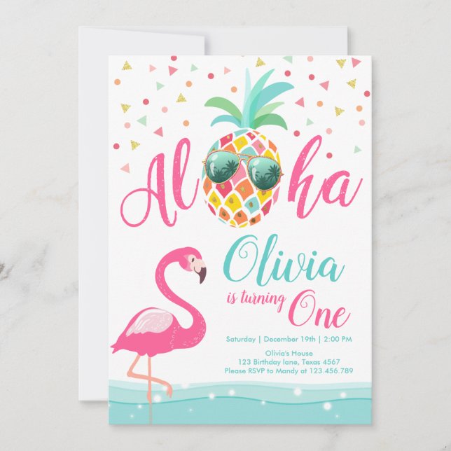 Aloha Pineapple Flamingo Birthday Invitation Pink (Front)