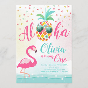 Aloha Pineapple Flamingo Birthday Invitation Pink