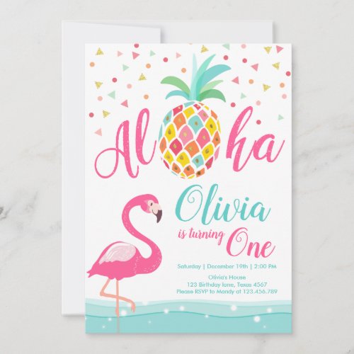 Aloha Pineapple Flamingo Birthday Invitation Pink