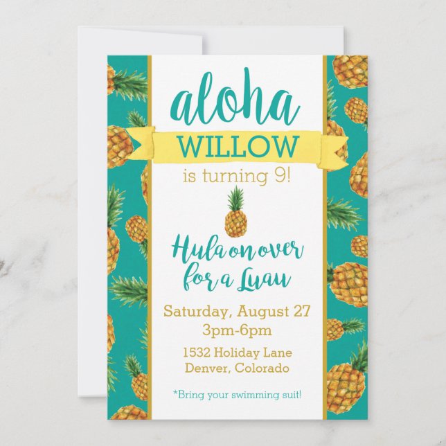 Aloha Pineapple Luau Birthday Invitation (Front)