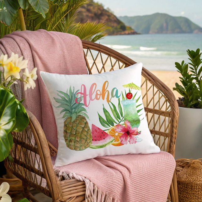 Aloha Pineapple Palm Hibiscus & Tropical Cocktail Throw Pillow (Creator Uploaded)