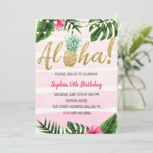 Aloha Pineapple Pink Birthday Invitation