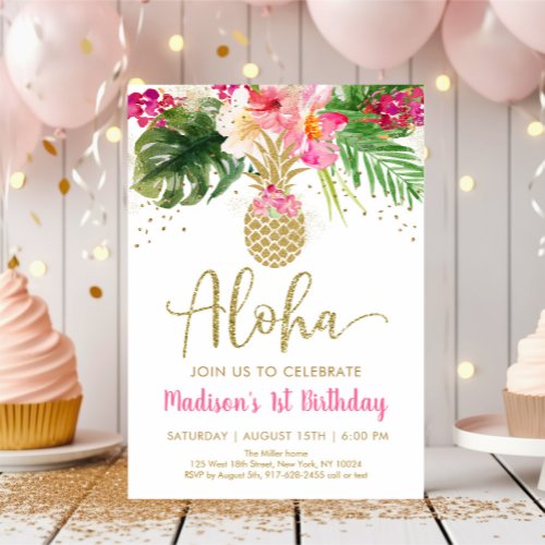 Aloha Pineapple Tropical Floral Birthday Invitation