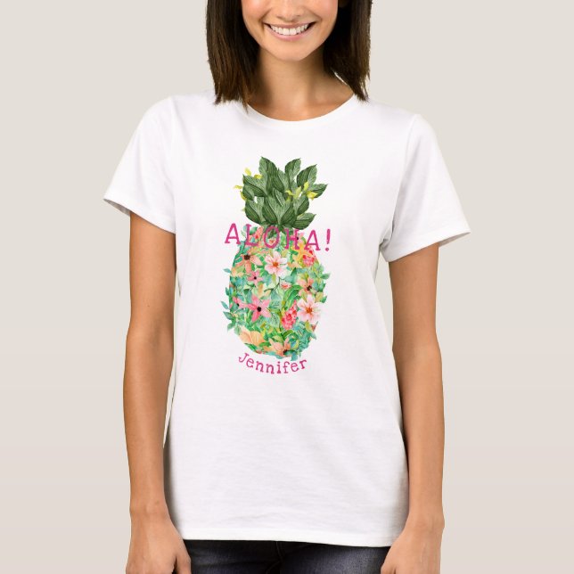 Aloha Pineapple Tropical Floral Personalized Name T-Shirt (Front)