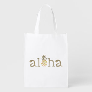 Aloha Pineapple Watercolor Typography Grocery Bag