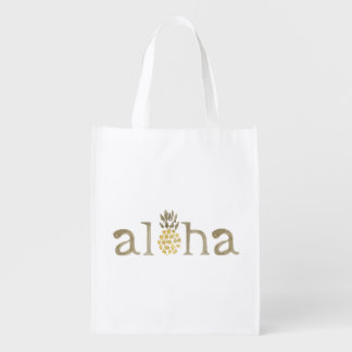 Aloha Pineapple Watercolor Typography Grocery Bag