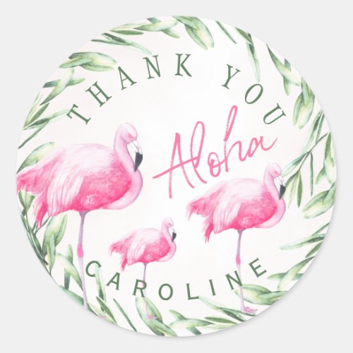 Aloha pink flamingos tropical wreath thank you classic round sticker