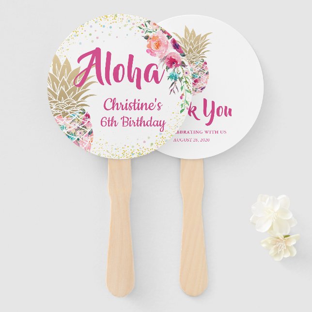 Aloha Pink Gold Pineapple Birthday Favor Hand Fan (Front and Back)