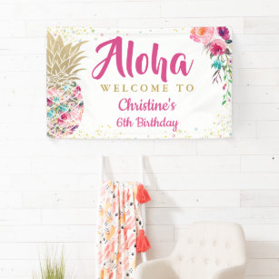 Aloha Pink Gold Pineapple Birthday Party Banner