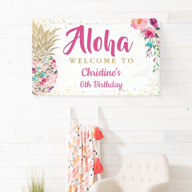 Aloha Pink Gold Pineapple Birthday Party Banner (Insitu)