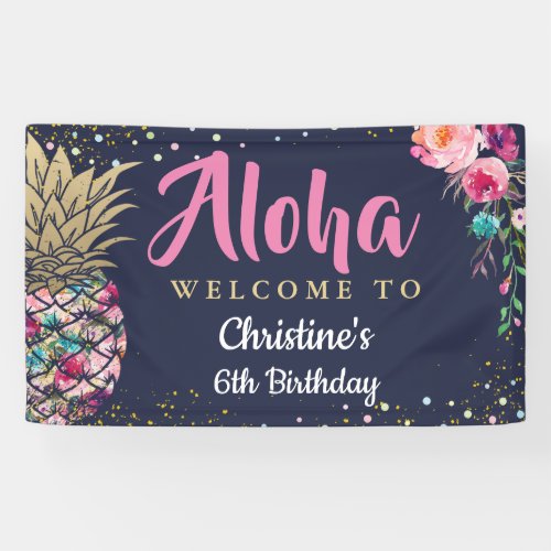 Aloha Pink Gold Pineapple Navy Blue Birthday Party Banner