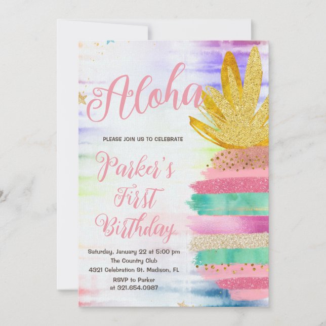 Aloha Pink Gold Rainbow Pineapple Birthday Invitation (Front)