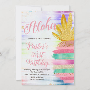 Aloha Pink Gold Rainbow Pineapple Birthday Invitation