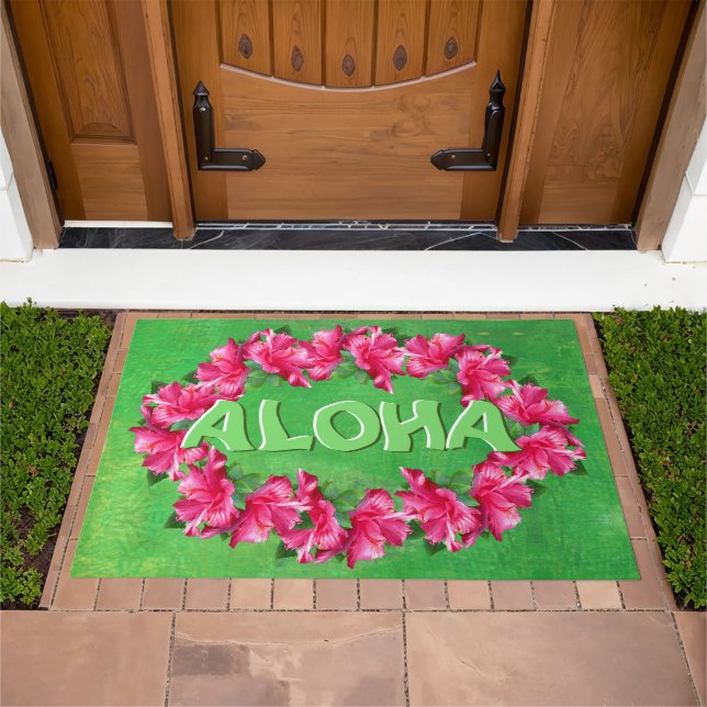 Aloha Pink Hibiscus Lei Welcome Doormat (Outdoor)