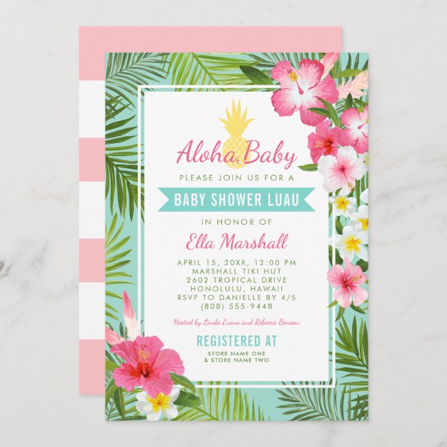Aloha Pink Tropical Floral Baby Shower Luau Invitation (Front/Back)