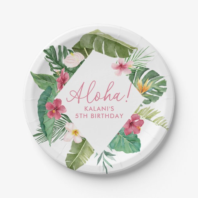 Aloha Pink Tropical Floral Birthday Paper Plates (Front)