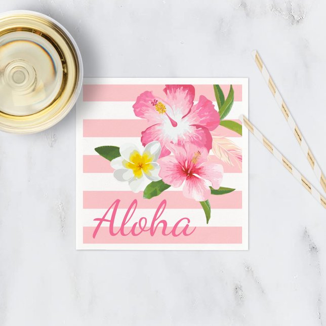 Aloha Pink Tropical Flowers and Stripes Paper Napkins (Creator Uploaded)
