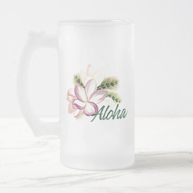 Aloha Plumeria Frosted Glass Beer Mug (Left)