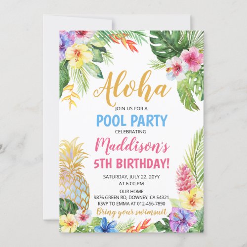 Aloha Pool Party Tropical Pineapple Birthday Invitation