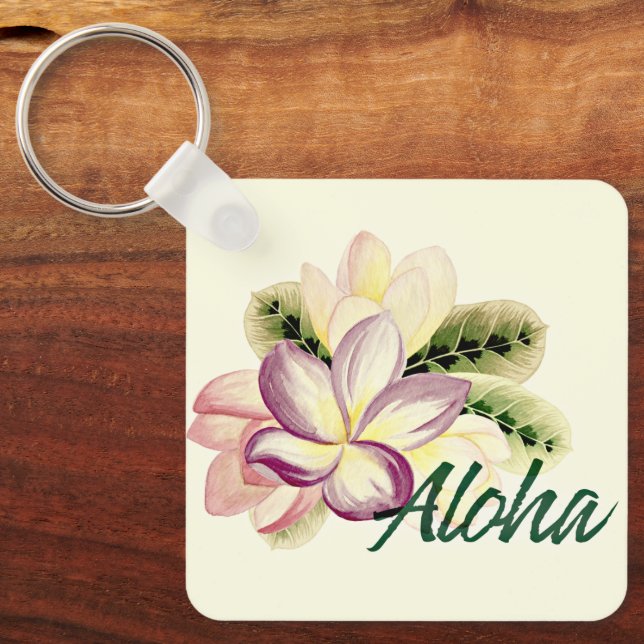 Aloha Pretty Plumeria Island Floral  Keychain (Front)
