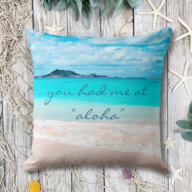 Aloha Quote Turquoise Ocean Hawaii Beach Photo Throw Pillow (Creator Uploaded)