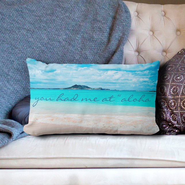 Aloha Quote Turquoise Ocean Sandy Beach Photo Lumbar Pillow (Creator Uploaded)