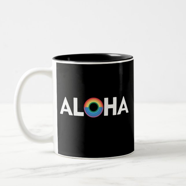 Aloha Rainbow Island Hawaii Pride LGBTQ Two-Tone Coffee Mug (Left)
