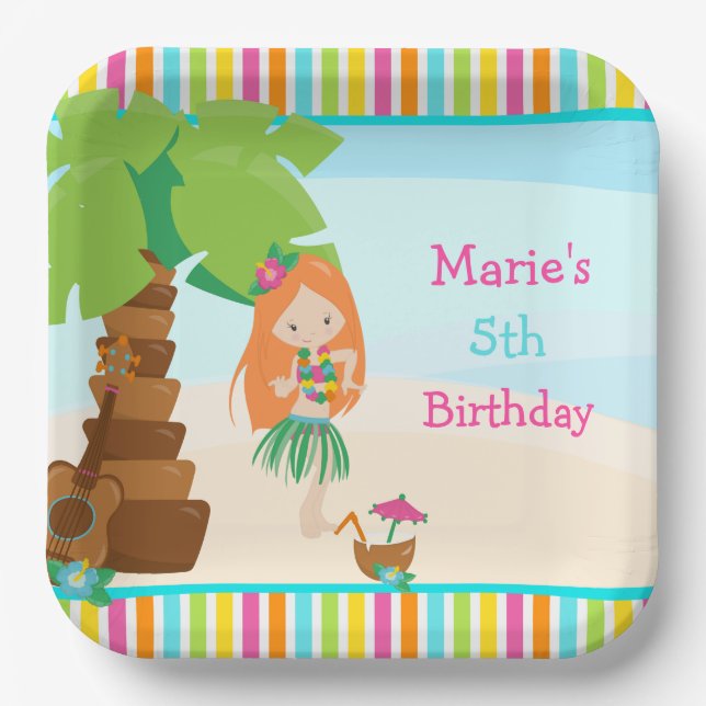 Aloha Red Hair Girl Party Paper Plates (Front)