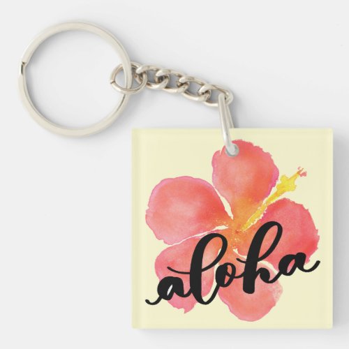Aloha Red Hibiscus Square Keychain Mini