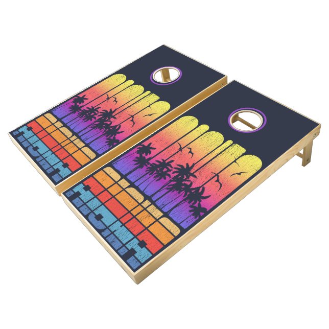 Aloha Retro Family Beach Vacation Cornhole Set (Angled)