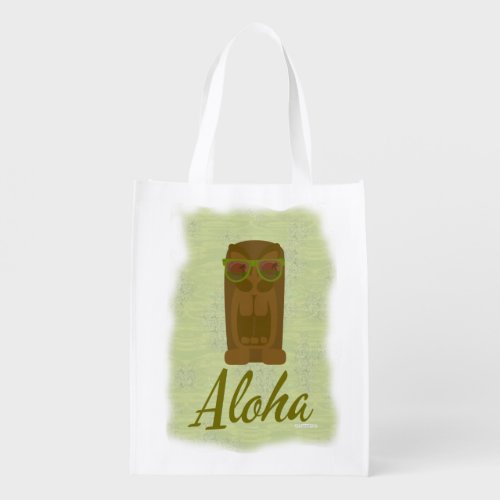 Aloha Saying Island Tiki Statue Cartoon Retro Art Grocery Bag