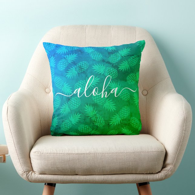Aloha Script Blue Green Pineapple Pattern Tropical Throw Pillow (Creator Uploaded)