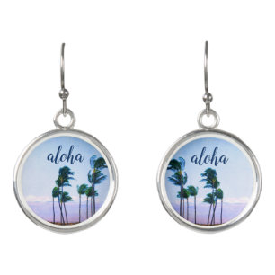 Aloha Script Hawaii Palm Trees Purple Mountain Earrings