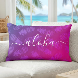 Aloha Script Hot Pink Pineapple Pattern Hawaii Lumbar Pillow