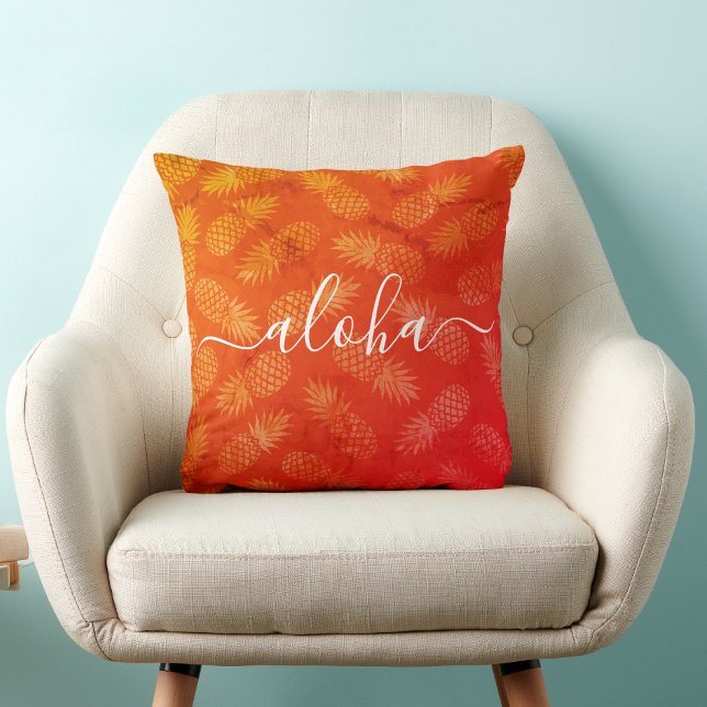 Aloha Script Orange Pineapple Pattern Tropical Throw Pillow (Creator Uploaded)