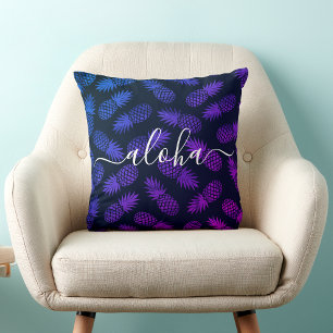 Aloha Script Purple Blue Pineapple Pattern Hawaii Throw Pillow