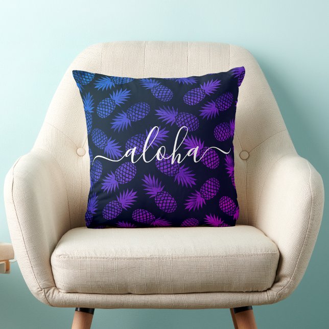 Aloha Script Purple Blue Pineapple Pattern Hawaii Throw Pillow (Creator Uploaded)