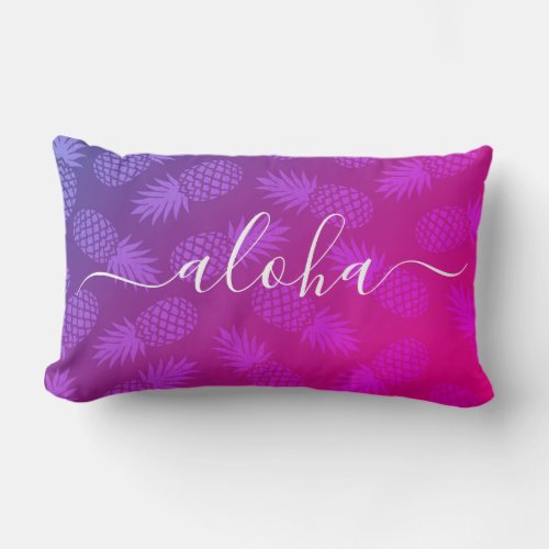Aloha script purple pink pineapple pattern modern lumbar pillow