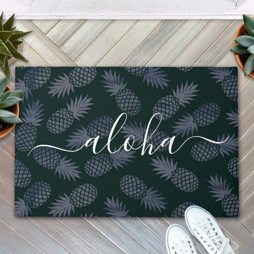Aloha script typography navy pineapple pattern doormat