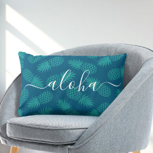 Aloha script typography teal pineapple pattern lumbar pillow