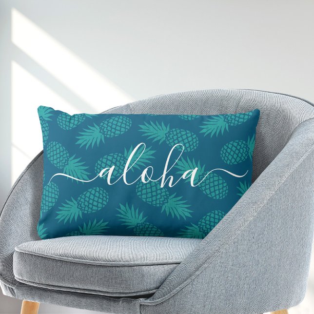 Aloha script typography teal pineapple pattern lumbar pillow (Creator Uploaded)