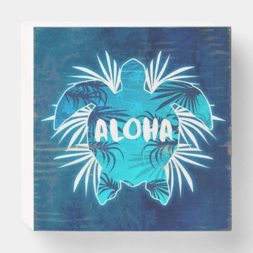 Aloha Sea Turtle on Blue Grunge Background Wooden Box Sign