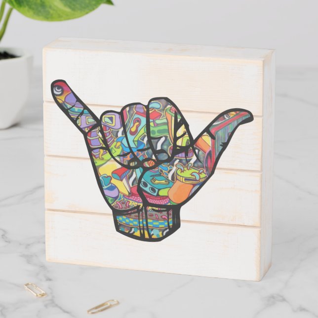 Aloha / Shaka Hand Hawaiian Surfing Wooden Box Sign (In Situ Horizontal)