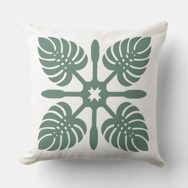 Aloha Spirit Hawaiian Quilt - Monstera & Paddles Throw Pillow (Front)